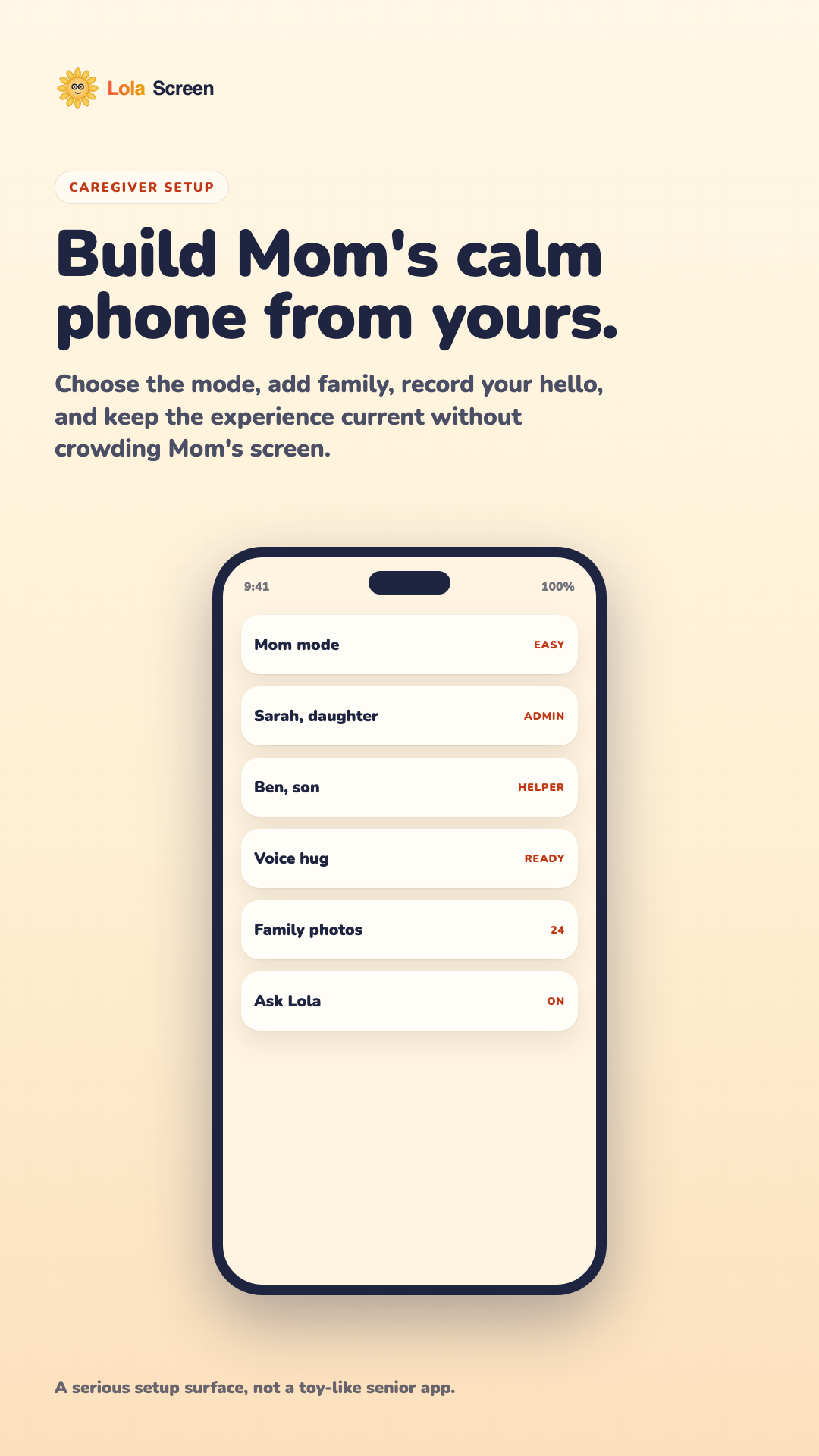 LolaScreen caregiver setup screenshot