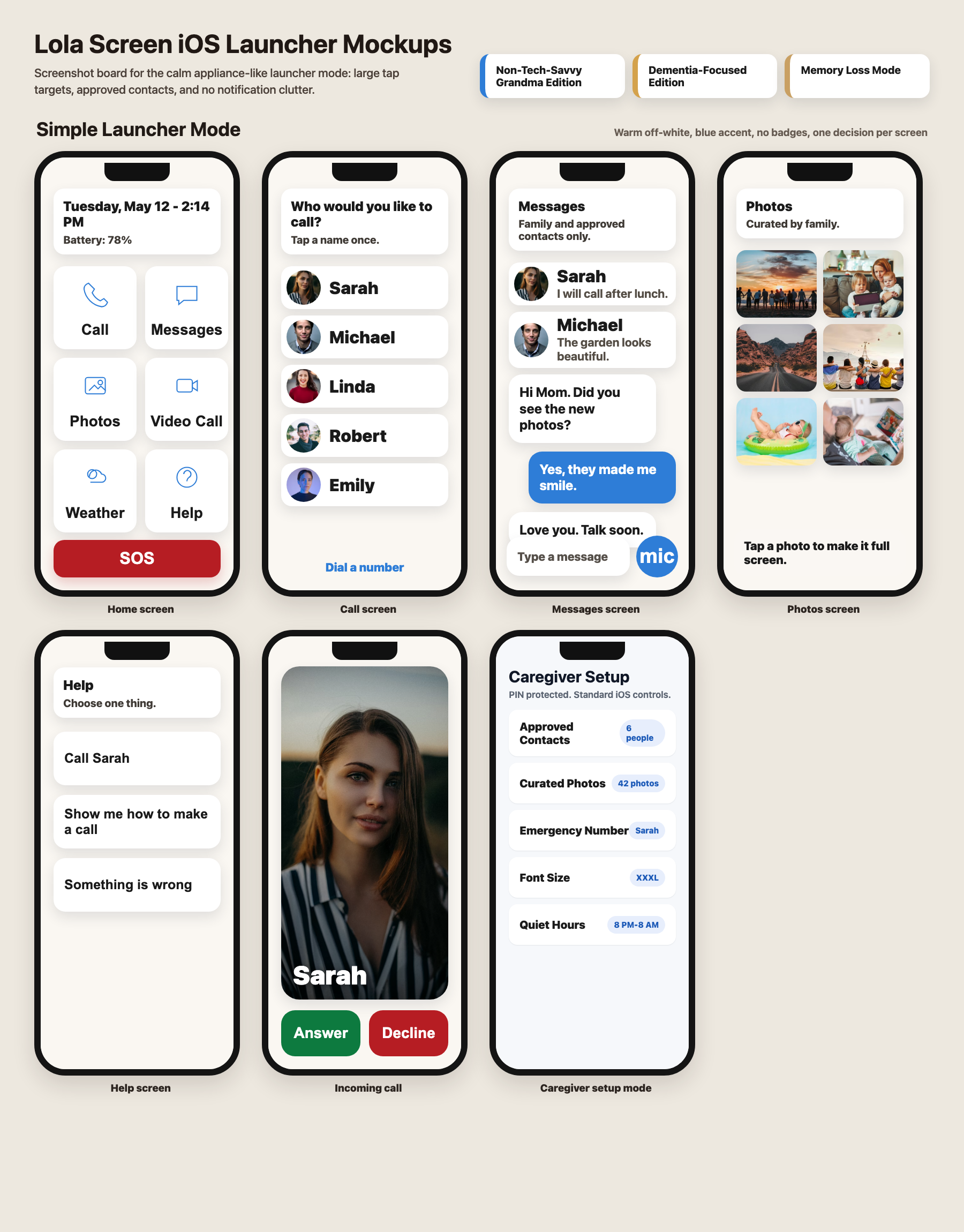 LolaScreen simple mode with large family-first buttons